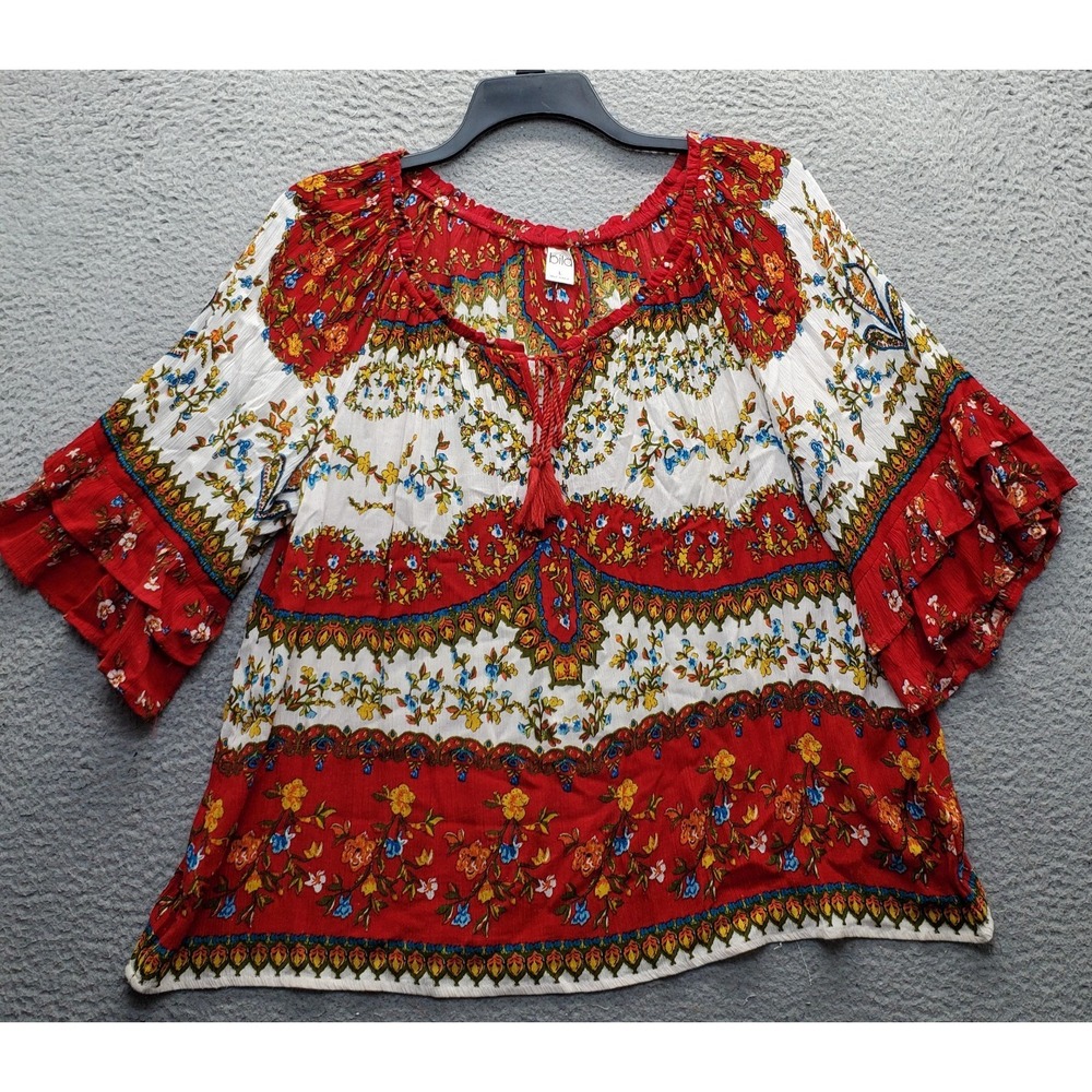 Bila Peasant Blouse Top Womens Large Multi Floral Tiered Ruffle Boho Tie Neck